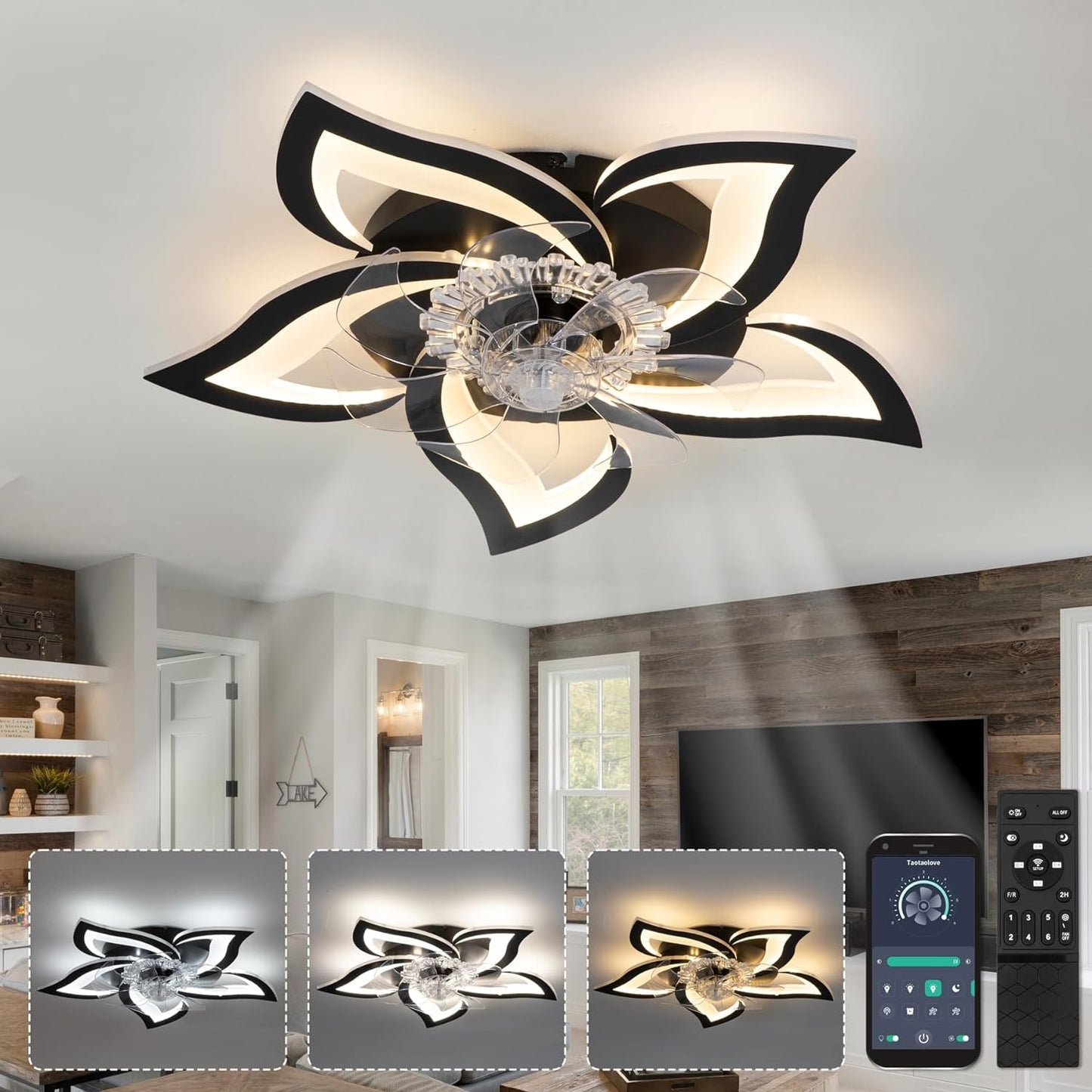 5 Lotus Ventilator Lamp - Plafondventilator - Zwart - Smart Lamp - Met Dimmer - 6 Standen Ventilator - Keuken Lamp - Woonkamerlamp - Moderne lamp