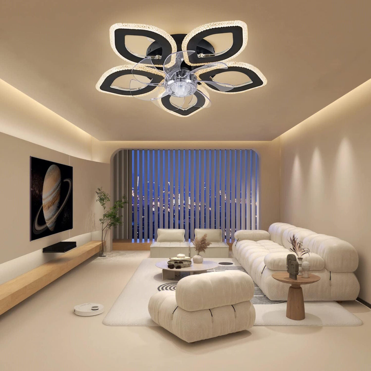 5 Ring Fan Lamp - Ceiling Fan - Smart Lamp - With Dimmer - Black - 6 Modes Fan - Kitchen Lamp - Living Room Lamp - Modern Lamp