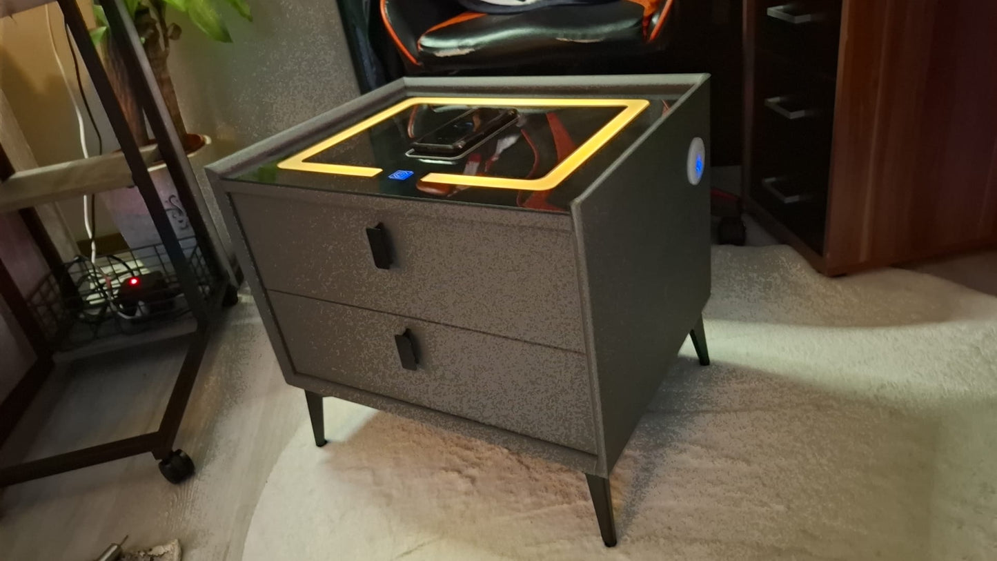 Nachtkast Met LED - 3 USB Poorten - Draadloos Opladen - Grijs - 2 Laden - 50x45x40cm - Slim Nachtkastje - Slaapkamer - 3 Kleuren LED