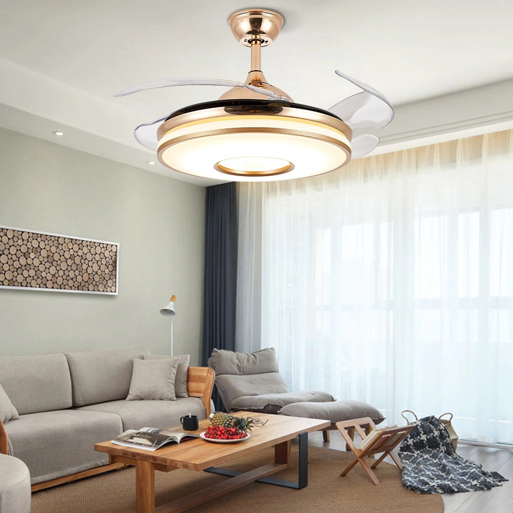 Ceiling Fan With Lighting - Pendant With Retractable Blades - 3 Speeds - Gold - Dimmable - With Remote Control