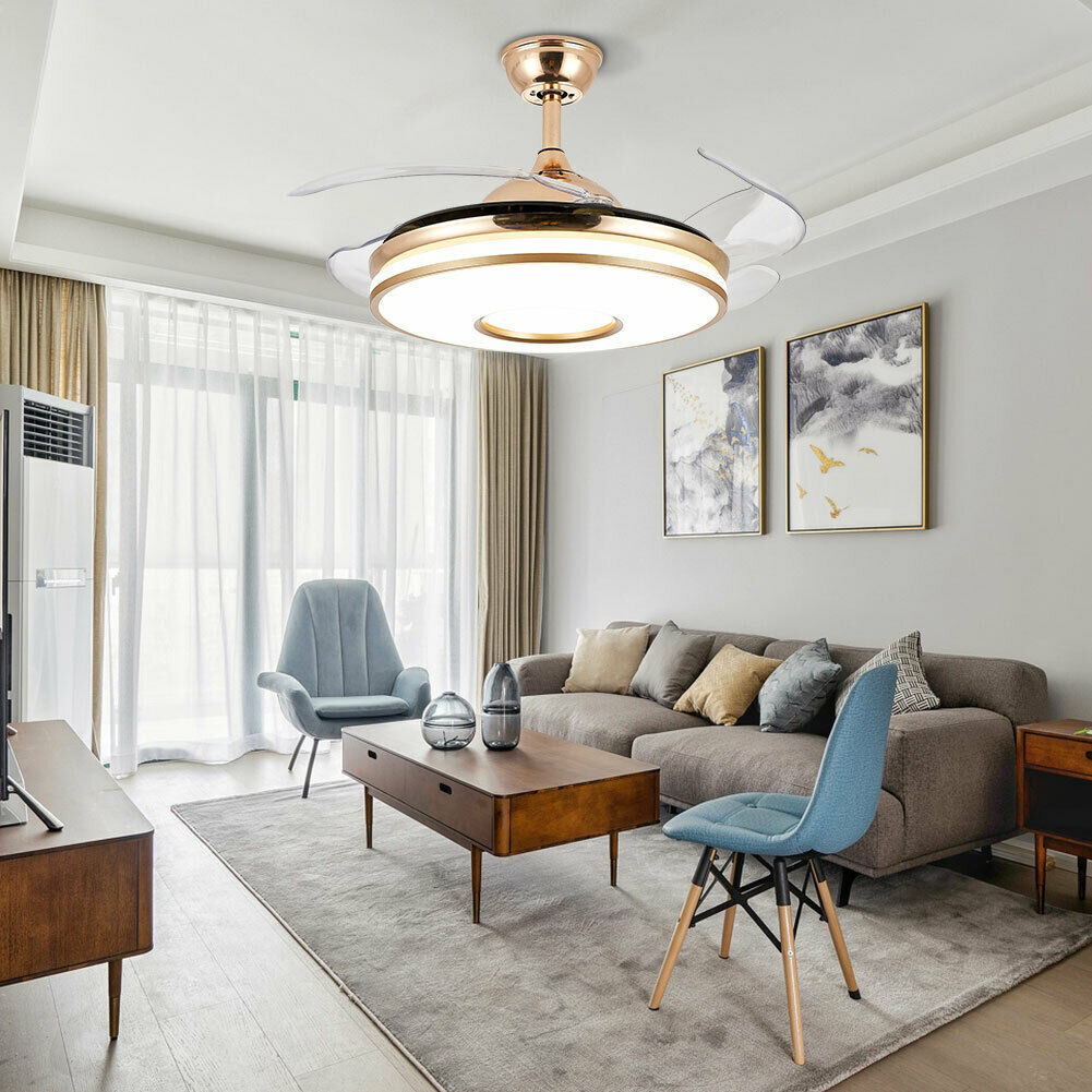 Ceiling Fan With Lighting - Pendant With Retractable Blades - 3 Speeds - Gold - Dimmable - With Remote Control