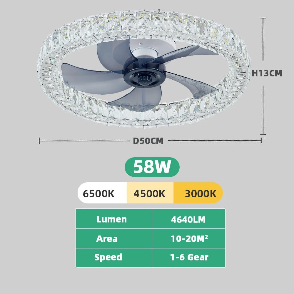 Ceiling Fan with Light - Ceiling Fan - Smart Lamp - Dimmable - 6 Speeds - Crystal Fan - Kitchen Light - Living Room Light - Modern Lamp
