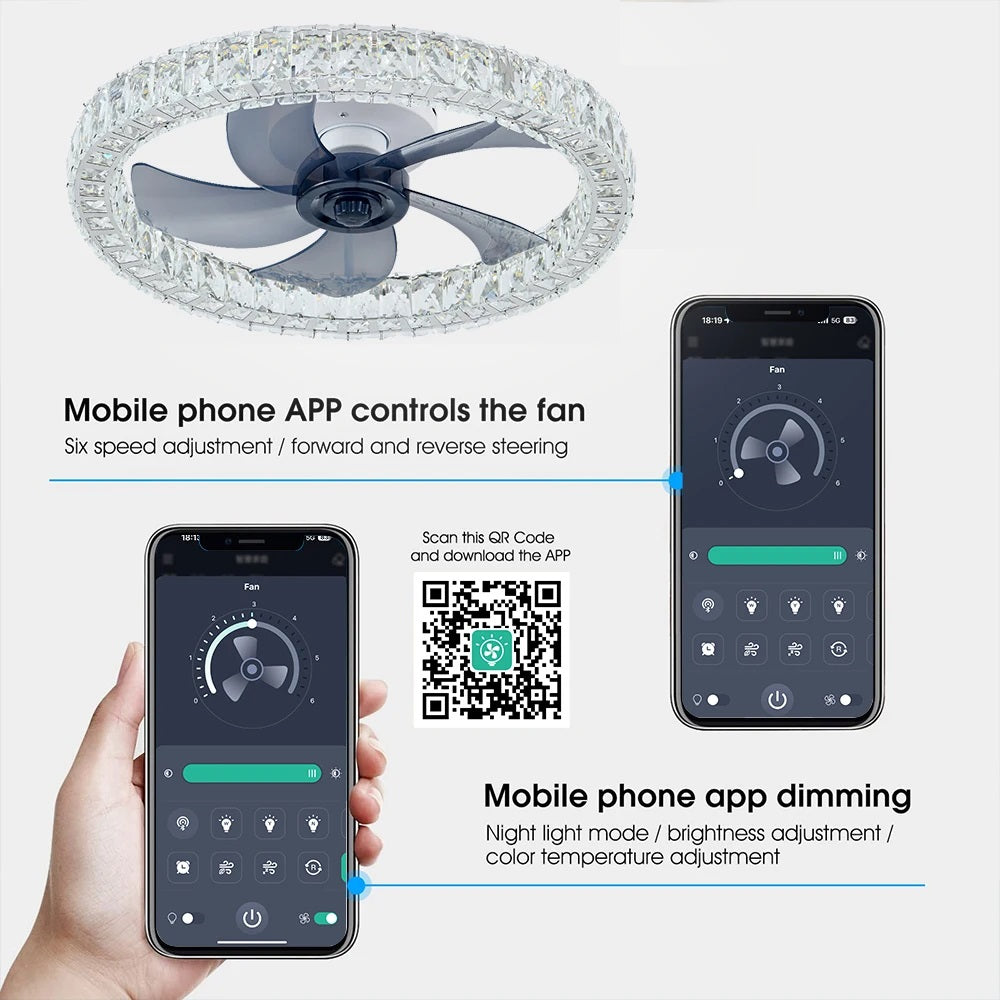 Ceiling Fan with Light - Ceiling Fan - Smart Lamp - Dimmable - 6 Speeds - Crystal Fan - Kitchen Light - Living Room Light - Modern Lamp