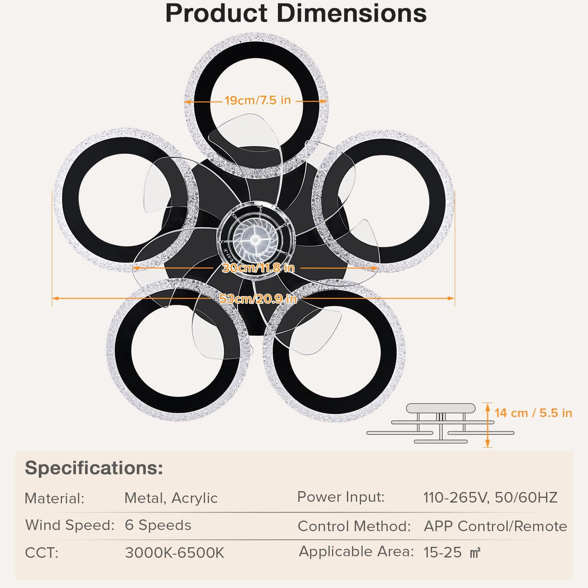 Ceiling Fan With Lighting - 5 Curved Light Rings - 6 Speeds - Black - Dimmable - With Remote Control And App