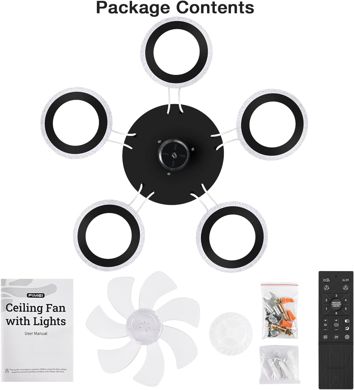 Ceiling Fan With Lighting - 5 Curved Light Rings - 6 Speeds - Black - Dimmable - With Remote Control And App