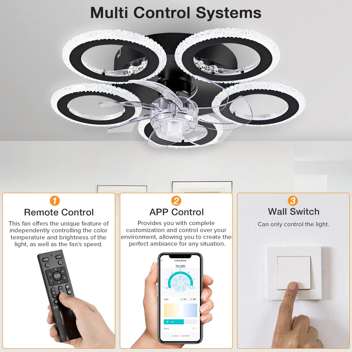 Ceiling Fan With Lighting - 5 Curved Light Rings - 6 Speeds - Black - Dimmable - With Remote Control And App