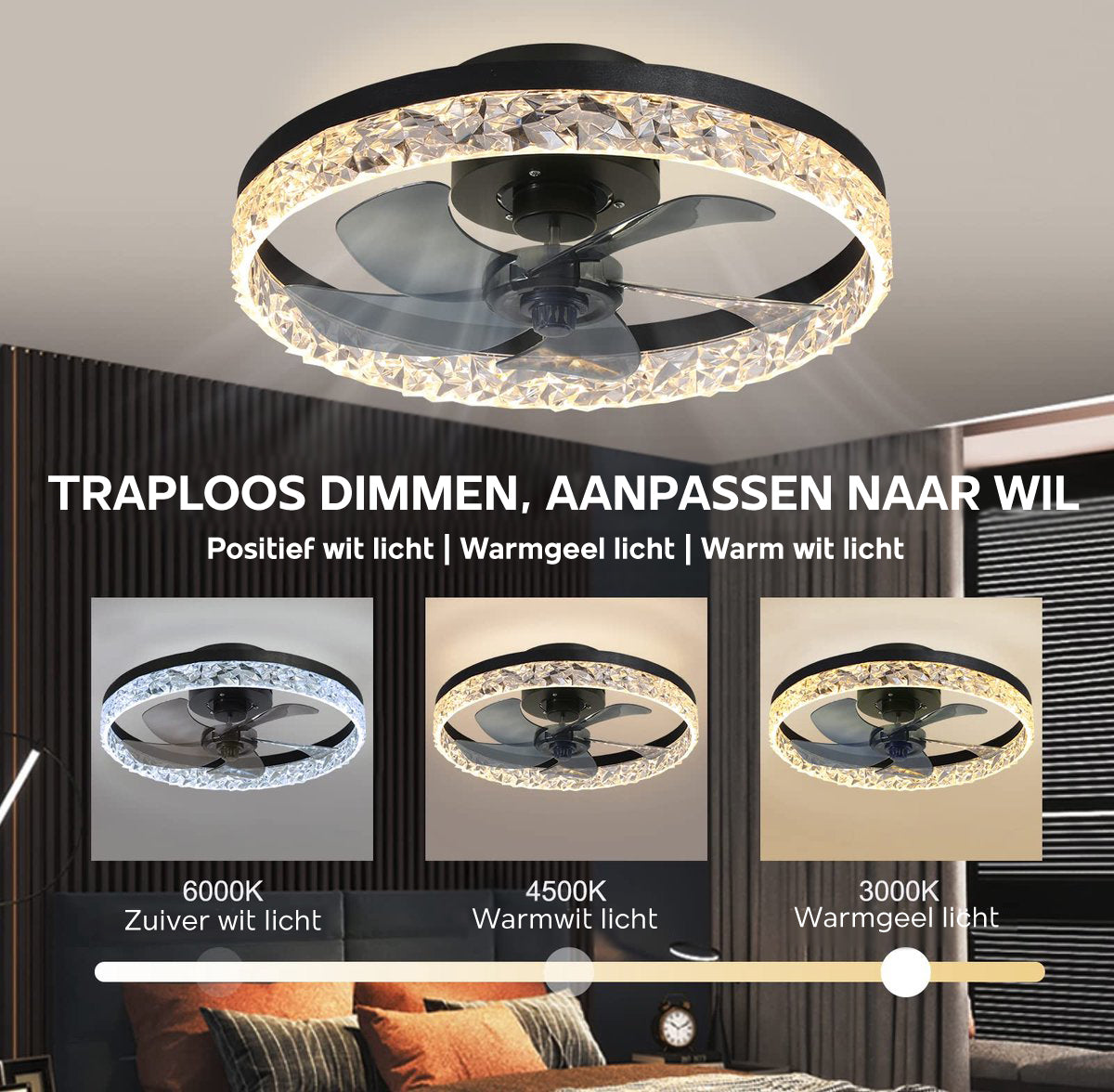 Modern Ceiling Fan With LED-Light - Black - Dimmable - 6 Speeds - Remote Control And App - For Kitchen And Bedroom