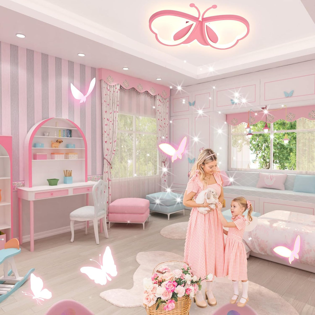 Modern Butterfly LED Ceiling Light - Pink - Width 50 cm - 3 Light Colours - For Bedroom And Kids Room - Ceiling Fixture