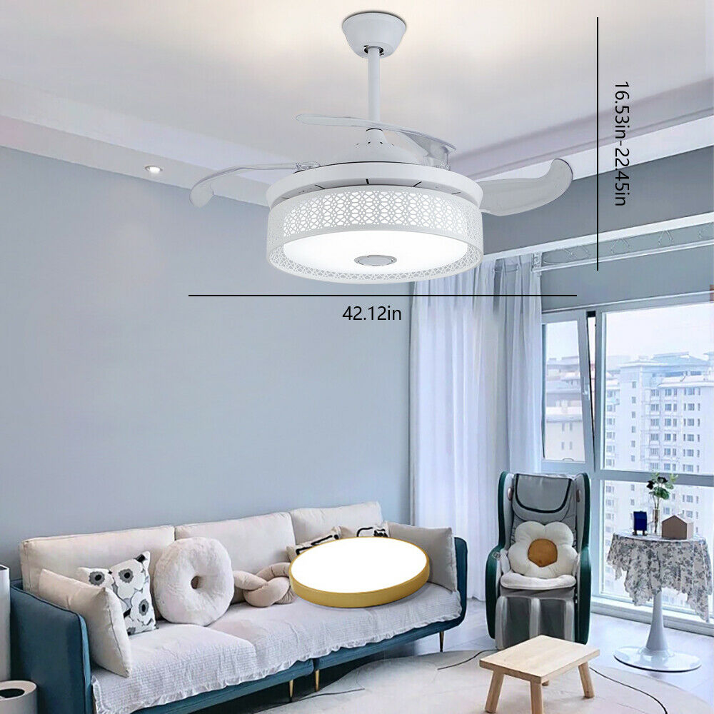 Moderne Smart Lamp Ventilator - Bluetooth - Met Speaker - Dimbaar Met Afstandsbediening - 7 Kleuren - Wit - 106 cm - Plafondventilator - Inklapbare Ventilator Lamp