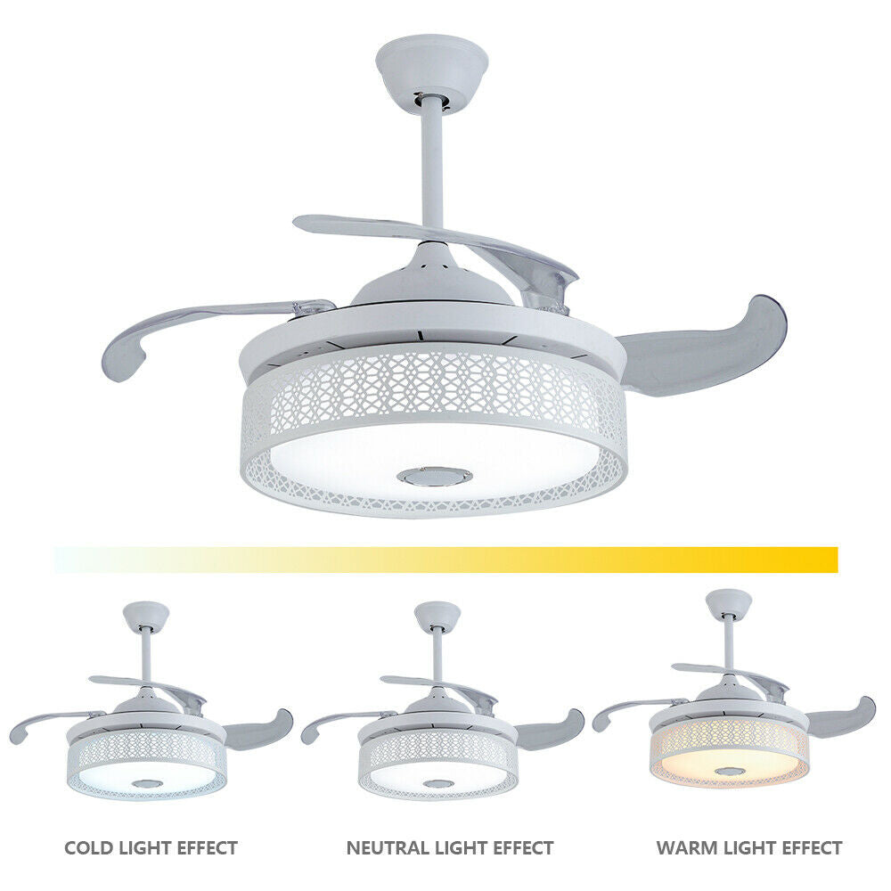 Moderne Smart Lamp Ventilator - Bluetooth - Met Speaker - Dimbaar Met Afstandsbediening - 7 Kleuren - Wit - 106 cm - Plafondventilator - Inklapbare Ventilator Lamp