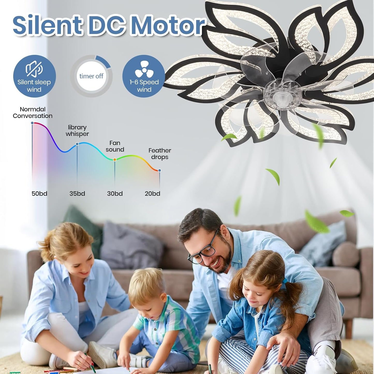 6 Bloem Crystal Ventilator Lamp - Plafondventilator - Zwart - 6 Standen - Smart Lamp - Dimbaar - Kroonluchter Ventilator - Chandelier Fan - Woonkamerlamp - Ventilator Lampen
