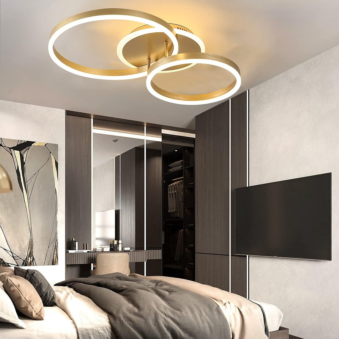 2 Ring LED Ceiling Lamp - Gold - Modern Lamp - Cold White - 52 cm - Living Room Lamp - Modern Gold LED Lamp - Ceiling Lamp