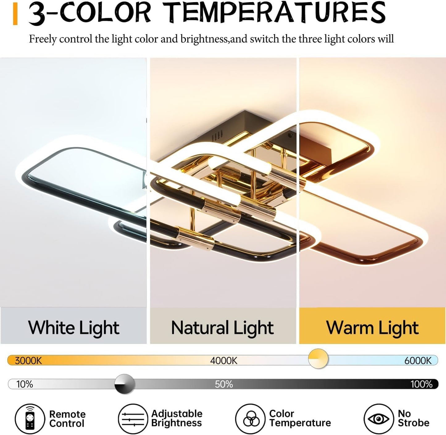 Modern LED Ceiling Lamp - Black/Gold - Dimmable With Remote Control - Adjustable Color Temperature - 68W - For Living Room/Bedroom