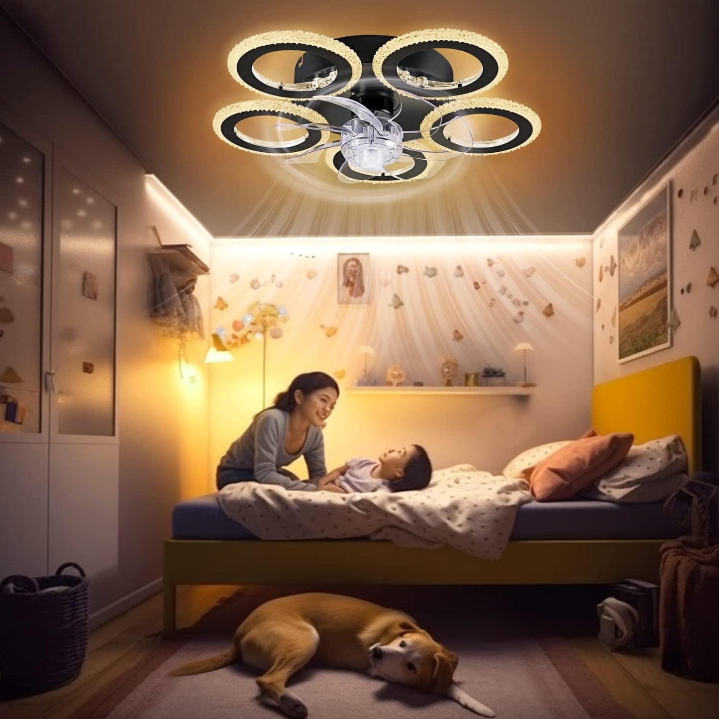 Fan Lamp - Ceiling Fan Black - Smart Lamp - With Dimmer - 6 Speed Fan - Kitchen Lamp - Living Room Lamp - Modern Lamp