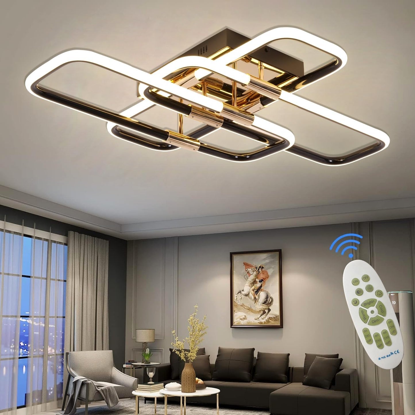 Modern LED Ceiling Lamp - Black/Gold - Dimmable With Remote Control - Adjustable Color Temperature - 68W - For Living Room/Bedroom