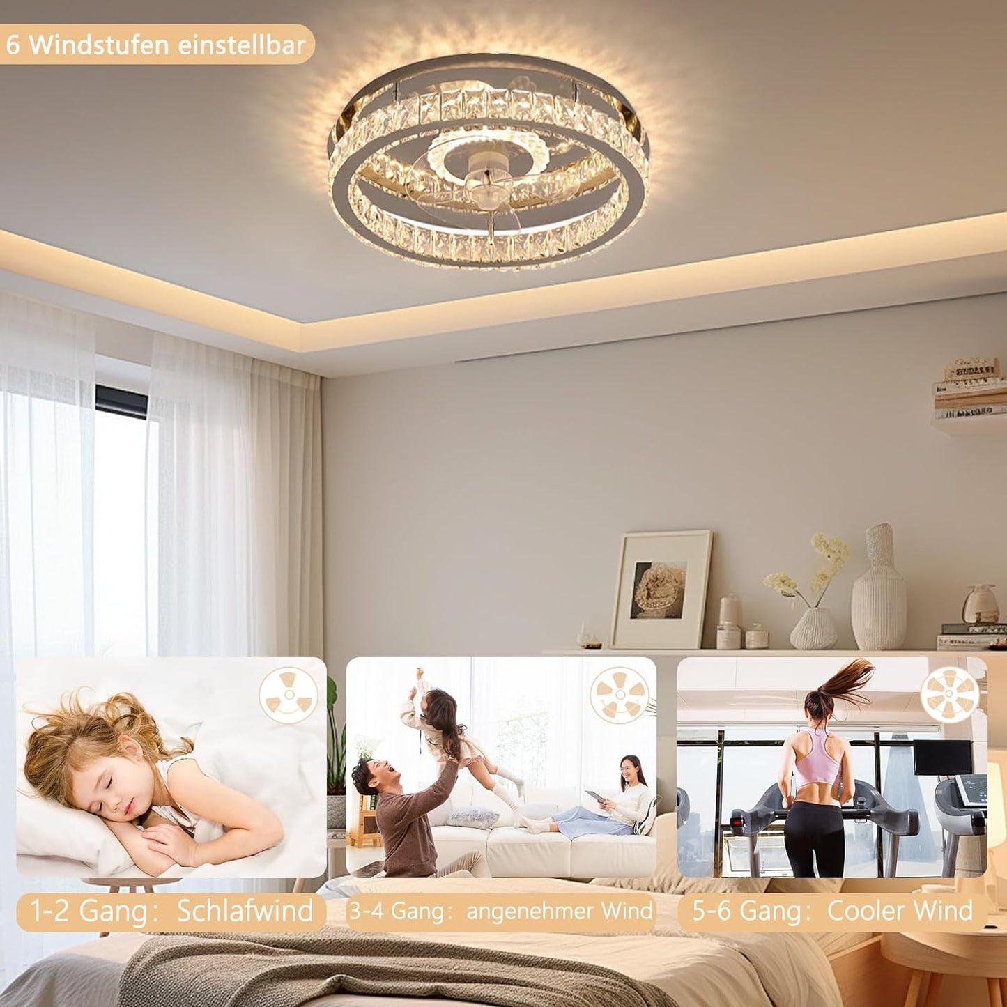 Ventilator Lamp - Plafondventilator - Chroom - Smart Lamp - Dimbaar - 6 Standen - Crystal Ventilator - Keuken Lamp - Woonkamerlamp - Moderne lamp