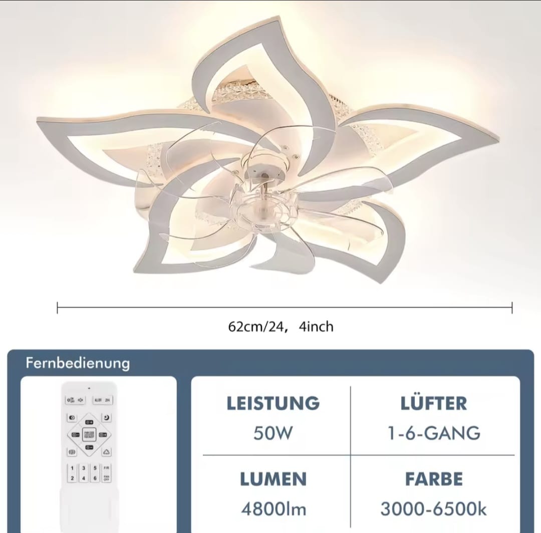 Plafond Ventilator Lamp - 55 CM - Smart Lamp - 6 Standen - Dimbaar - RGB - Wit - Kroonluchter Ventilator - 12 Kleuren - Chandelier Fan - Woonkamer Lamp - Ventilator Lamp