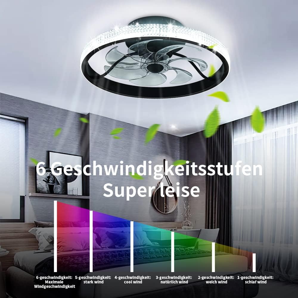 LuxiLamps - LED Ventilator Plafondlamp - Plafondventilator - Zwart - Met Dimmer - 50 cm - 6 Standen Ventilator - Keuken Lamp - Woonkamerlamp - Moderne Lamp