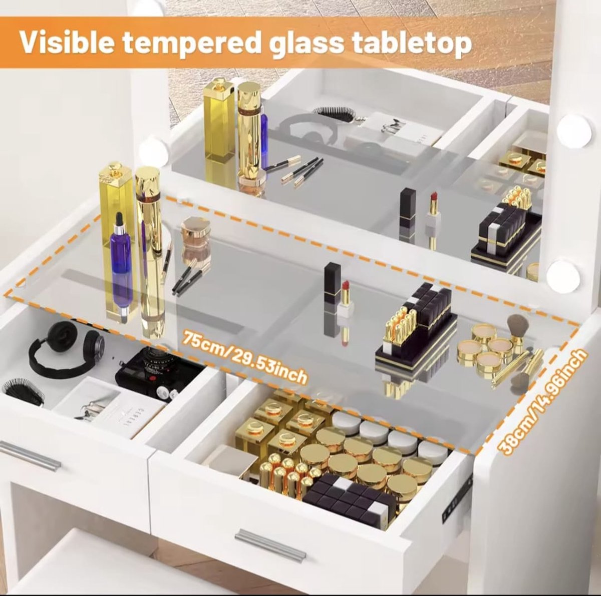 Kaptafel Met Kruk - Make up tafel - Kaptafel Met LED Spiegel - 2 Laden - Met Glas - Cosmeticatafel - Modern - Wit - Met 8 LED Lampen