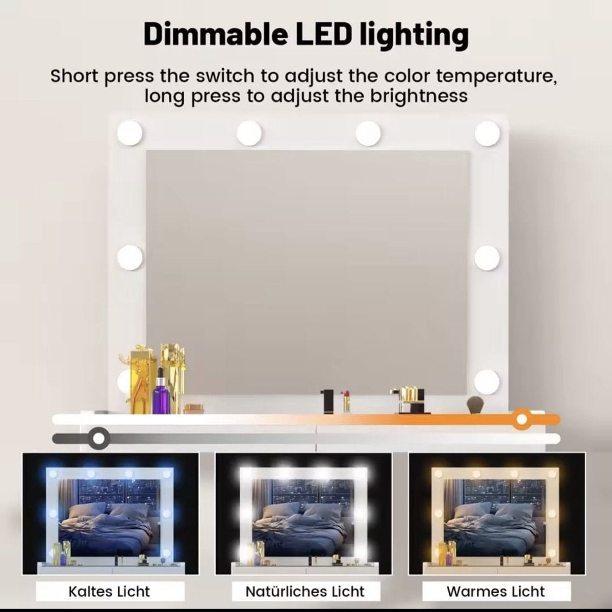 Kaptafel Met Kruk - Make up tafel - Kaptafel Met LED Spiegel - 2 Laden - Met Glas - Cosmeticatafel - Modern - Wit - Met 8 LED Lampen
