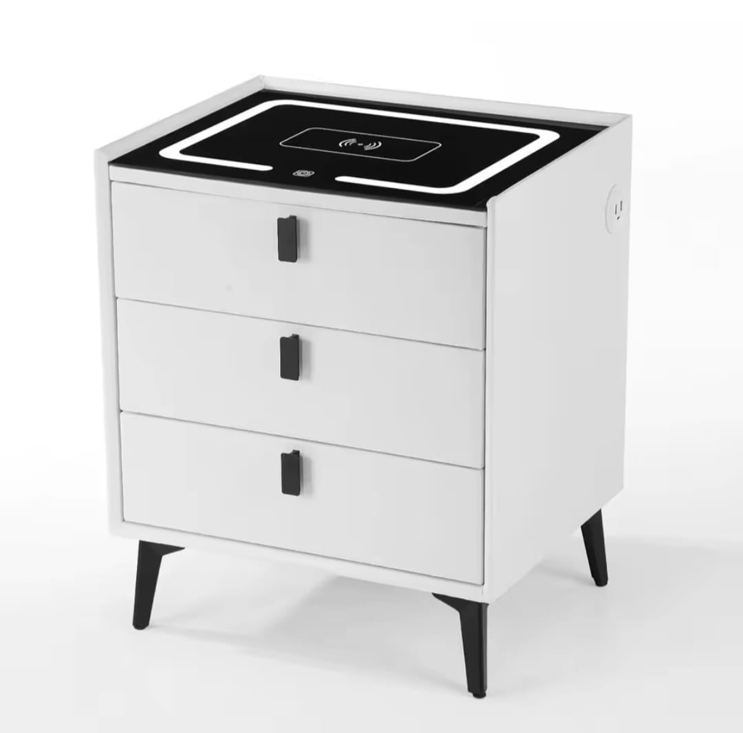 Nachtkast Met LED - 3 USB Poorten - Draadloos Opladen - Wit - 3 Laden - 59x50x45cm - Slim Nachtkastje - Slaapkamer - 3 Kleuren LED