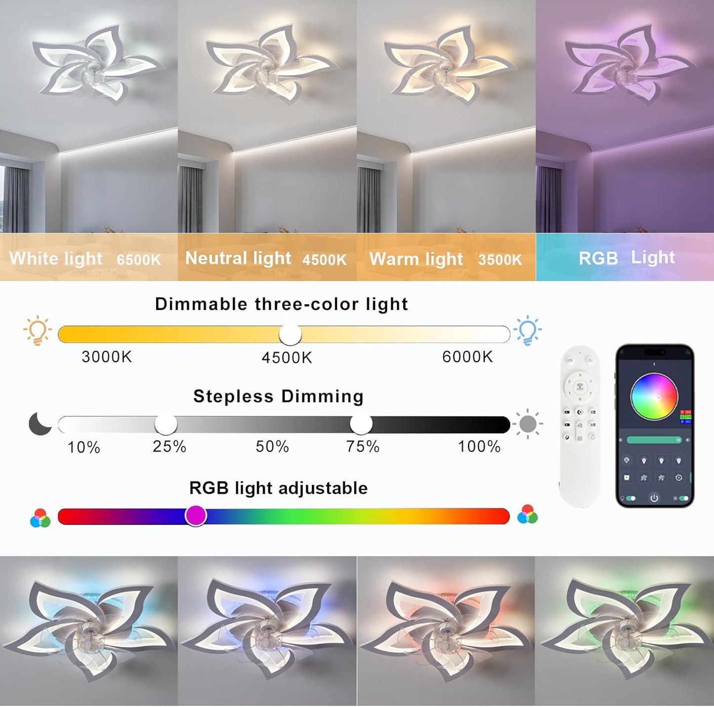 Plafond Ventilator Lamp - 55 CM - Smart Lamp - 6 Standen - Dimbaar - RGB - Wit - Kroonluchter Ventilator - 12 Kleuren - Chandelier Fan - Woonkamer Lamp - Ventilator Lamp