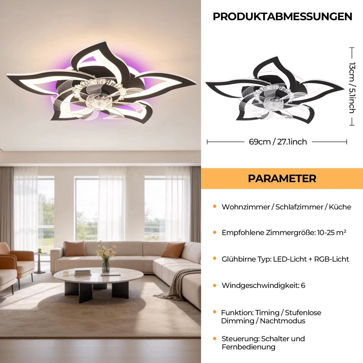 Plafonniere met Ventilator - Zwart - Plafondventilator - RGB - Plafondventilator Met Afstandsbediening & APP