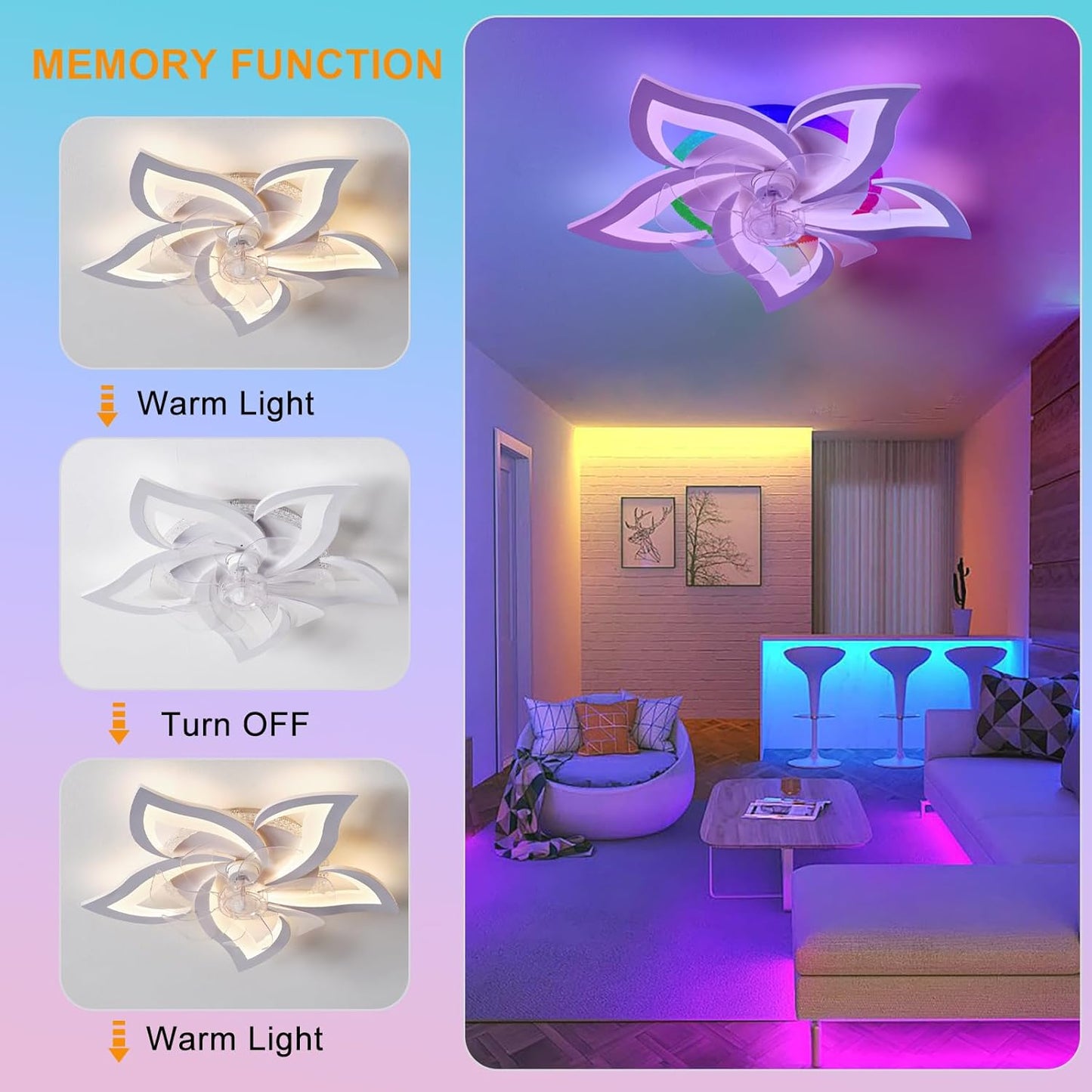 Plafond Ventilator Lamp - 55 CM - Smart Lamp - 6 Standen - Dimbaar - RGB - Wit - Kroonluchter Ventilator - 12 Kleuren - Chandelier Fan - Woonkamer Lamp - Ventilator Lamp