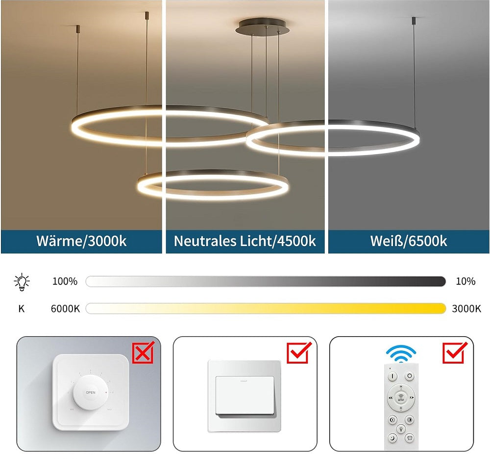 3 Ringen - Hanglamp - Kroonluchter - Zwart - Dimbaar met afstandsbediening