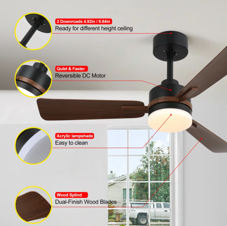 3 Blad Plafondventilator - Moderne LED Ventilator - 6 Snelheden - Zwart/Bruin - Bedienbaar Met Afstandsbediening - 105 cm