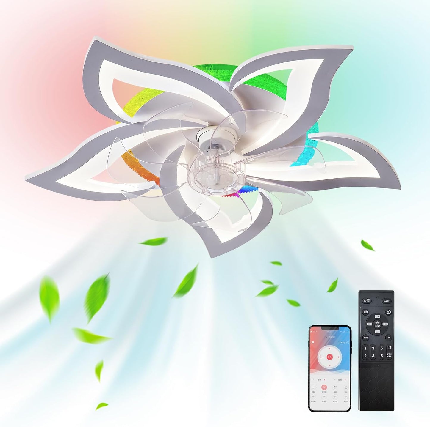 Plafond Ventilator Lamp - 55 CM - Smart Lamp - 6 Standen - Dimbaar - RGB - Wit - Kroonluchter Ventilator - 12 Kleuren - Chandelier Fan - Woonkamer Lamp - Ventilator Lamp