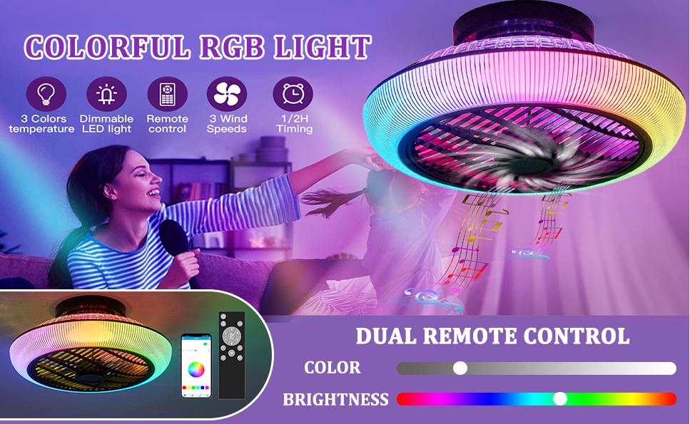 LuxiLamps - RGB Smart Plafond Ventilator - Met Speaker - Dimbaar Met Afstandsbediening En App - Muziek Plafondventilator - 46 cm - Woonkamerlamp - Moderne lamp