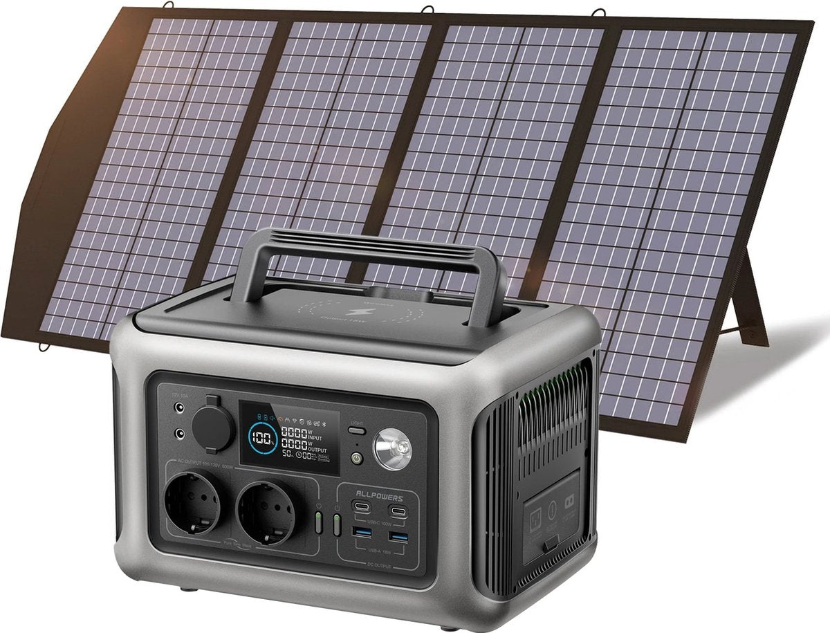Folding Solar Kit With Power Station - 140 W Panel - AC Output Up To 600 W - For Camper And Travel