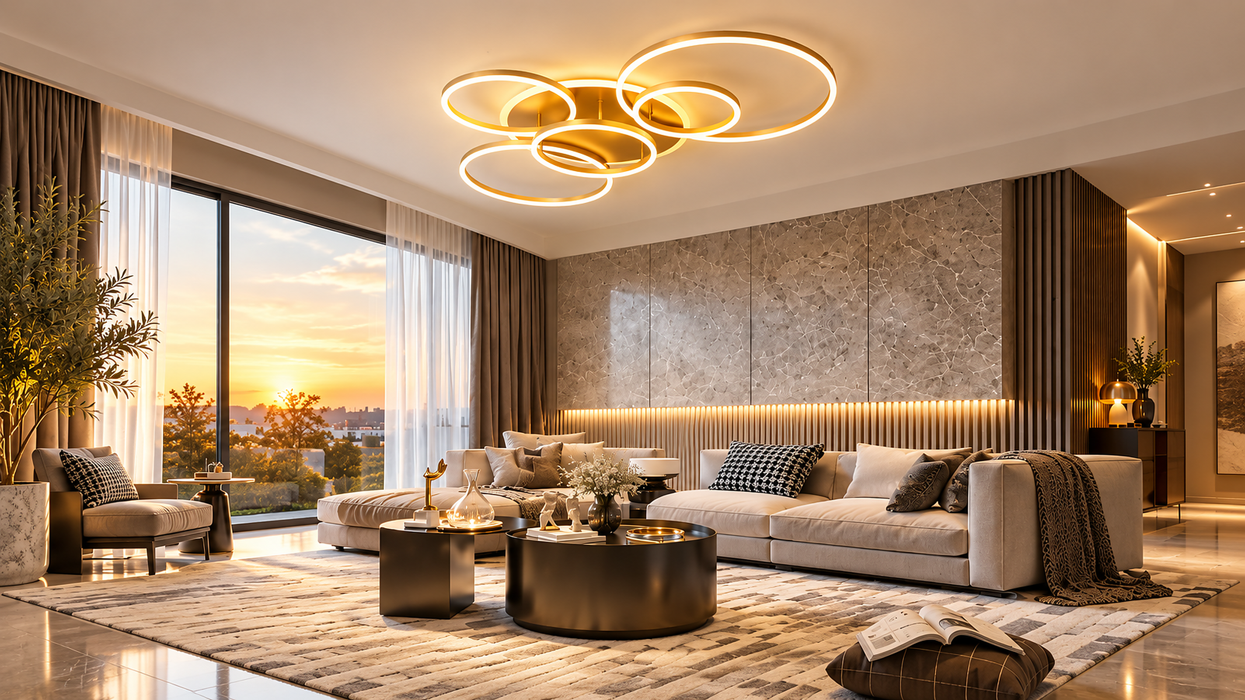 Gouden ringen plafondlamp in een woonkamer