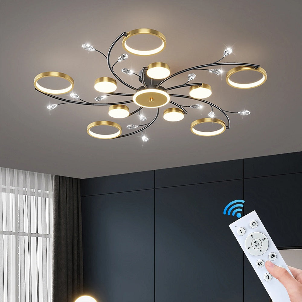 Moderne 10 Ringen LED Kroonluchter - Goud/Zwart - Dimbaar Met Afstandsbediening En App - Voor Woonkamer En Eetkamer