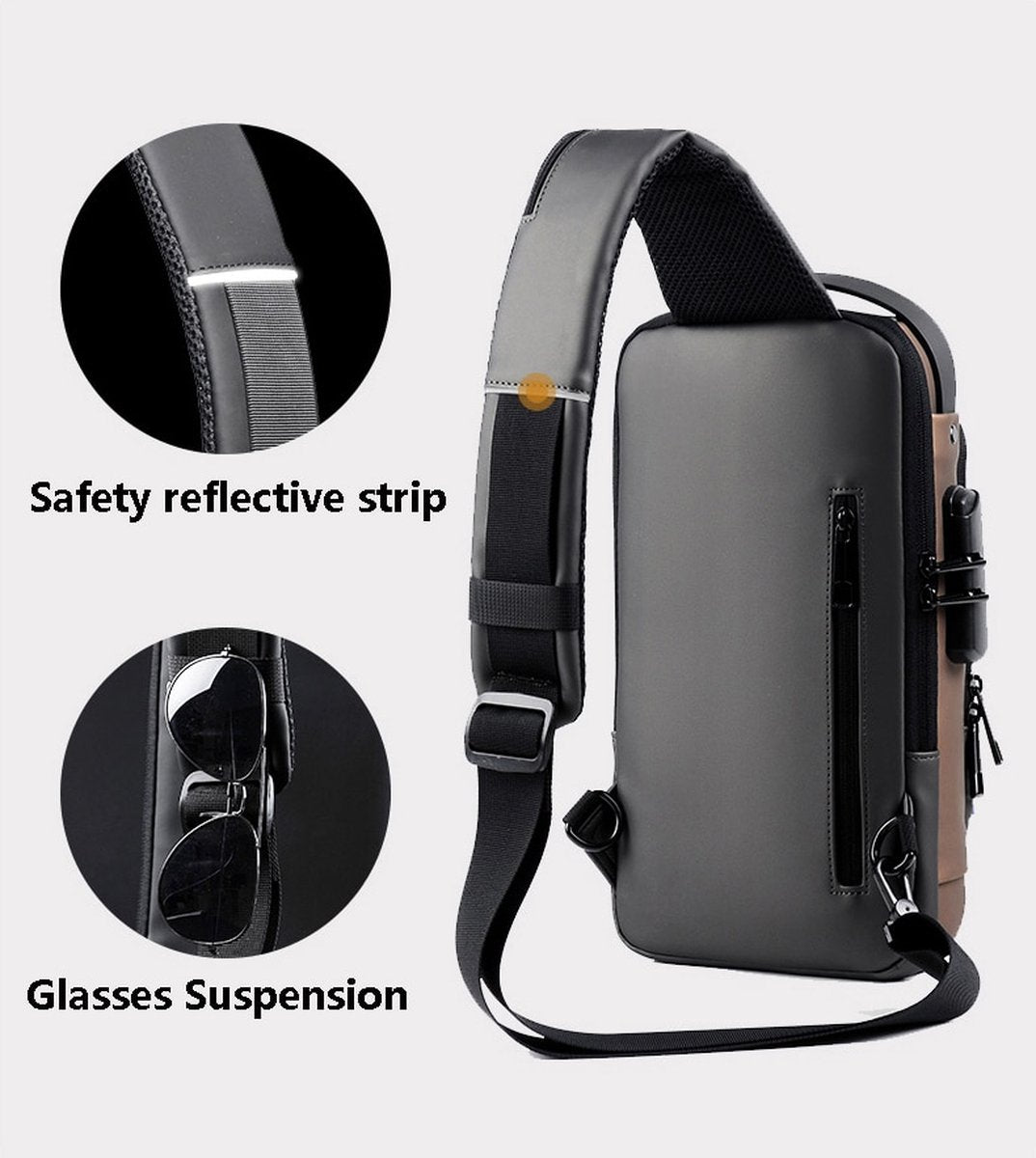 Shoulder Bag - Crossbody Bag - Men and Women - Waterproof - Anti-Theft - USB Port - Brown / Gray - RENEWED!