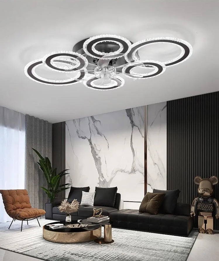 6 Ringen Kristallen Plafondventilator - Zwart - 6 Snelheden - Smart lamp - Dimbaar Met Afstandsbediening & APP - Moderne Cirkel Ventilator Licht - Crystal Kroonluchter Ventilator
