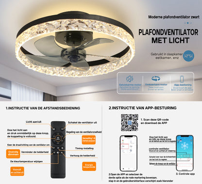 Fan Lamp - Ceiling Fan Black - Smart Lamp - With Dimmer - 6 Speed ​​Fan - Kitchen Lamp - Living Room Lamp - Modern Lamp