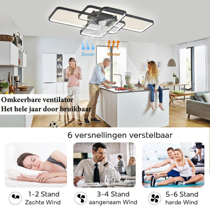 LuxiLamps - Moderne Smart Lamp Ventilator - Dimbaar - LED Plafond Ventilator - Zwart - Moderne Kroonluchter Ventilator - 72 cm - Woonkamerlamp