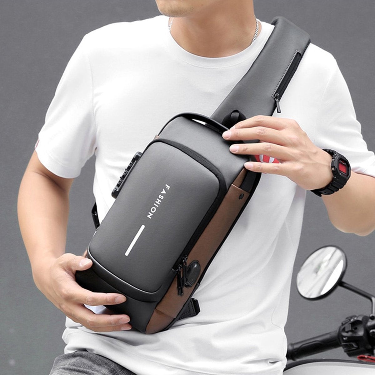 Shoulder Bag - Crossbody Bag - Men and Women - Waterproof - Anti-Theft - USB Port - Brown / Gray - RENEWED!