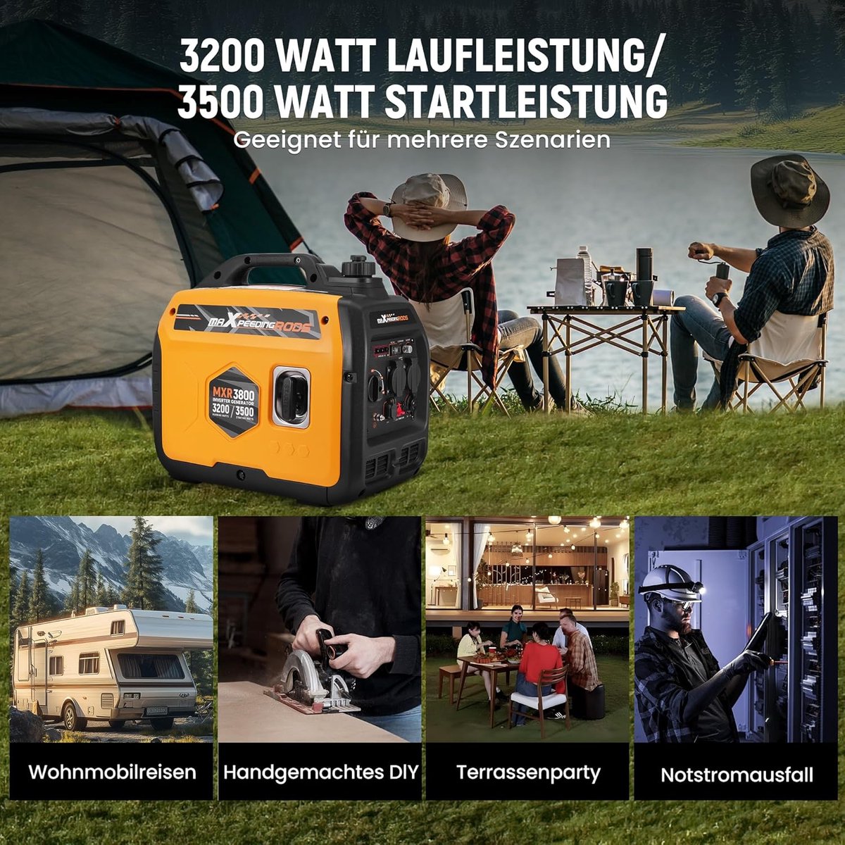 Superstille Inverter Stroomgenerator 3500 W - Benzine, 4-Takt - Met USB en 230V Stopcontacten - Noodstroomaggregaat voor Camping, Reizen en Oorlogsnood