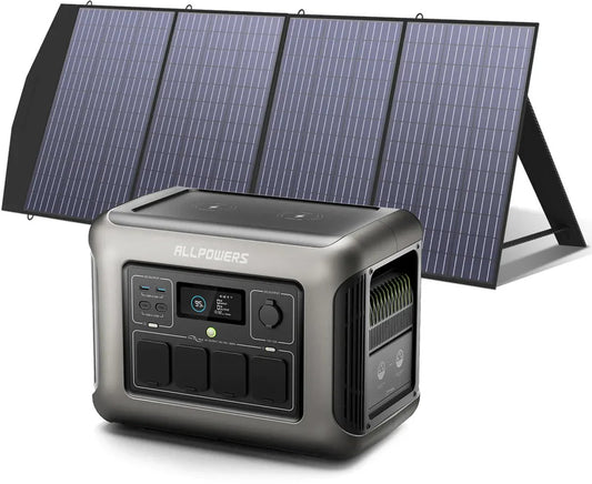 Allpowers® R1500 Powerstation + 200W Zonnepaneel – Capaciteit 1152Wh - 1800W AC Output – UPS – Uitbreidbaar met Allpowers B1000 – Back-up Stroomvoorziening - 3000W Piek - DC - AC - Camping - LFP - Draagbare LiFePO4 Energiecentrale - Zonnegenerator