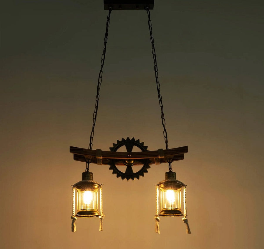 Vintage Gear Pendant Light - 2 E27 Light Points - Wood Effect - Chain Suspension - Retro Chandelier For Living And Dining Rooms