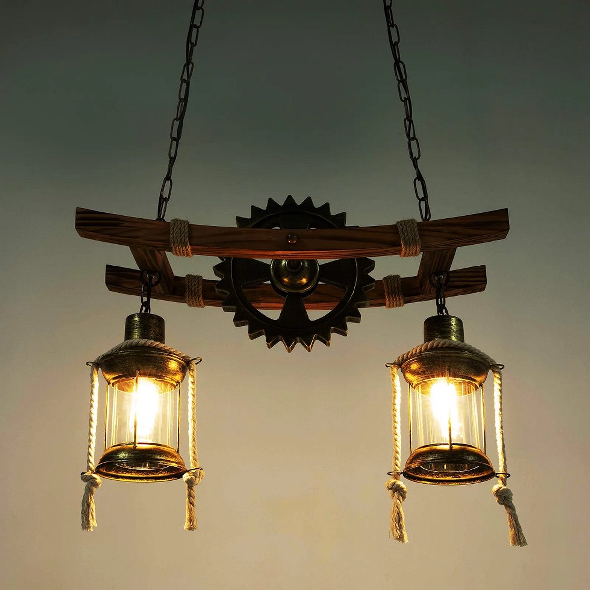 Vintage Tandwiel Hanglamp - 2 E27-Lichtpunten - Houtlook - Kettingophanging - Retro Kroonluchter Voor Woonkamer En Eetkamer