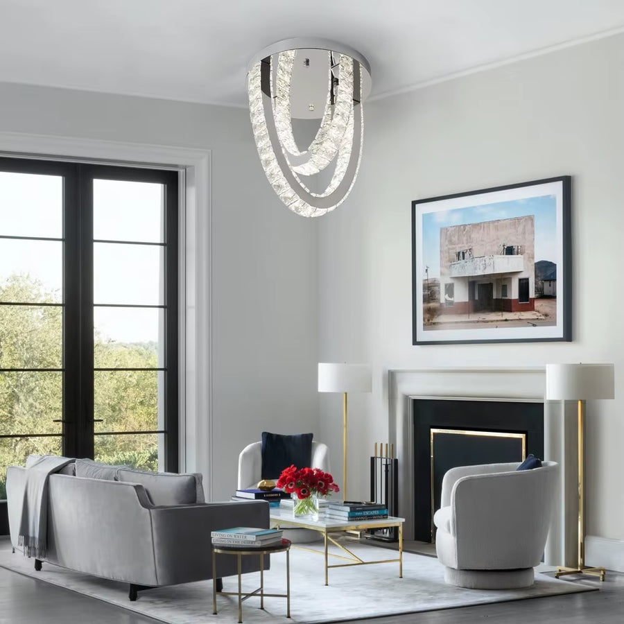 LED-plafondlamp met twee kristalringen in zilver/chroom - productfoto 1