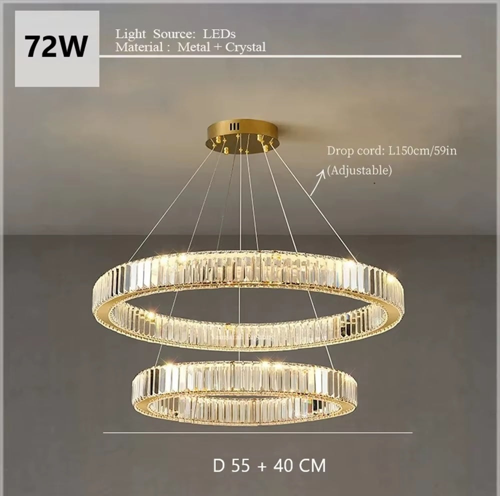 Gouden 2 Ringen Hanglamp - Grootste Ring Ø 55 cm - 2 Lagen - Hoogte Verstelbaar - Dimbaar - Luxe Kroonluchter Voor Eettafel En Woonkamer
