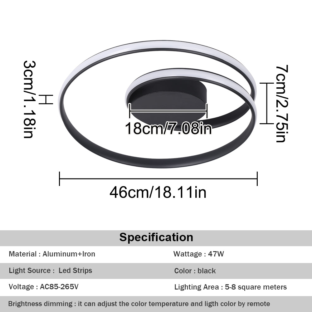 LuxiLamps - Ringen LED Plafondlamp - Dimbaar Met Afstandsbediening - Zwart - 46 cm - Plafoniere - Keuken Lamp - Woonkamerlamp - Moderne lamp