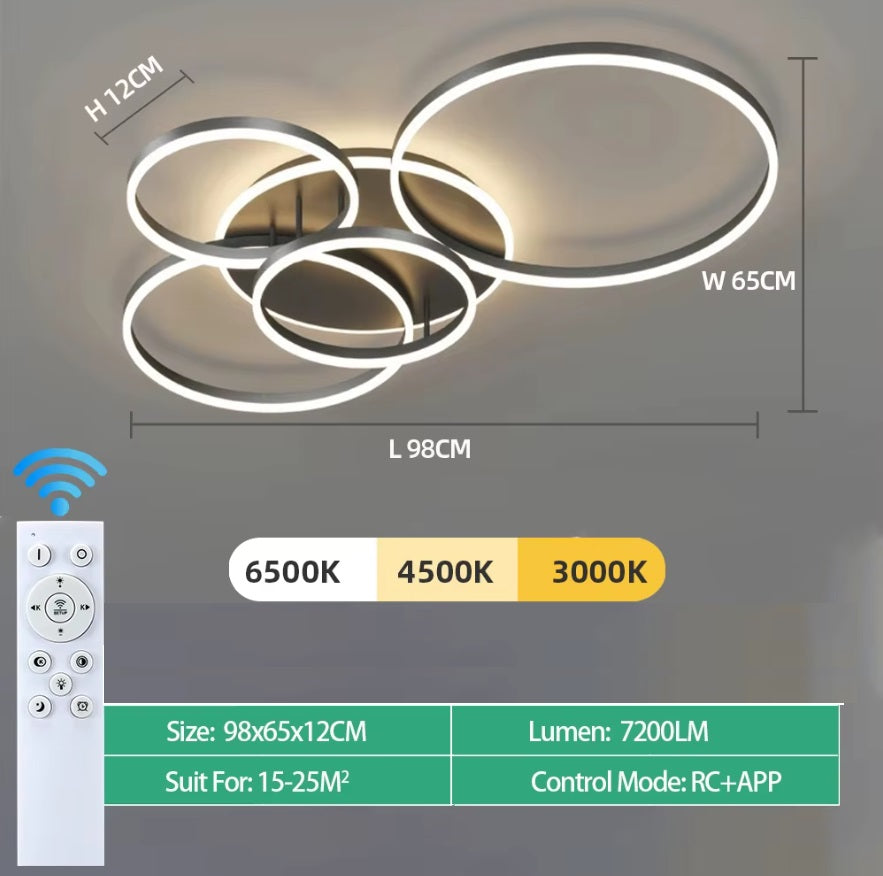 5 Ringen - 80 Watt - Design - Zwart - Plafonniere - Modern - LED Lamp - Woonkamer - Kamer - Eetkamer - Eettafel - Keuken - Slaapkamer - Cafe