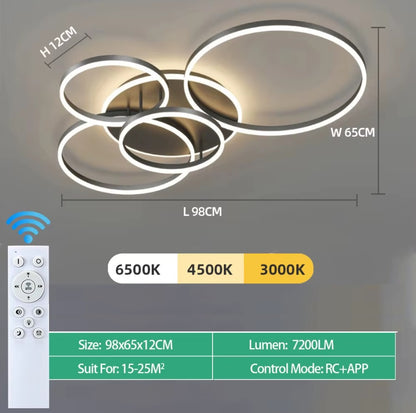5 Ringen - 80 Watt - Design - Zwart - Plafonniere - Modern - LED Lamp - Woonkamer - Kamer - Eetkamer - Eettafel - Keuken - Slaapkamer - Cafe