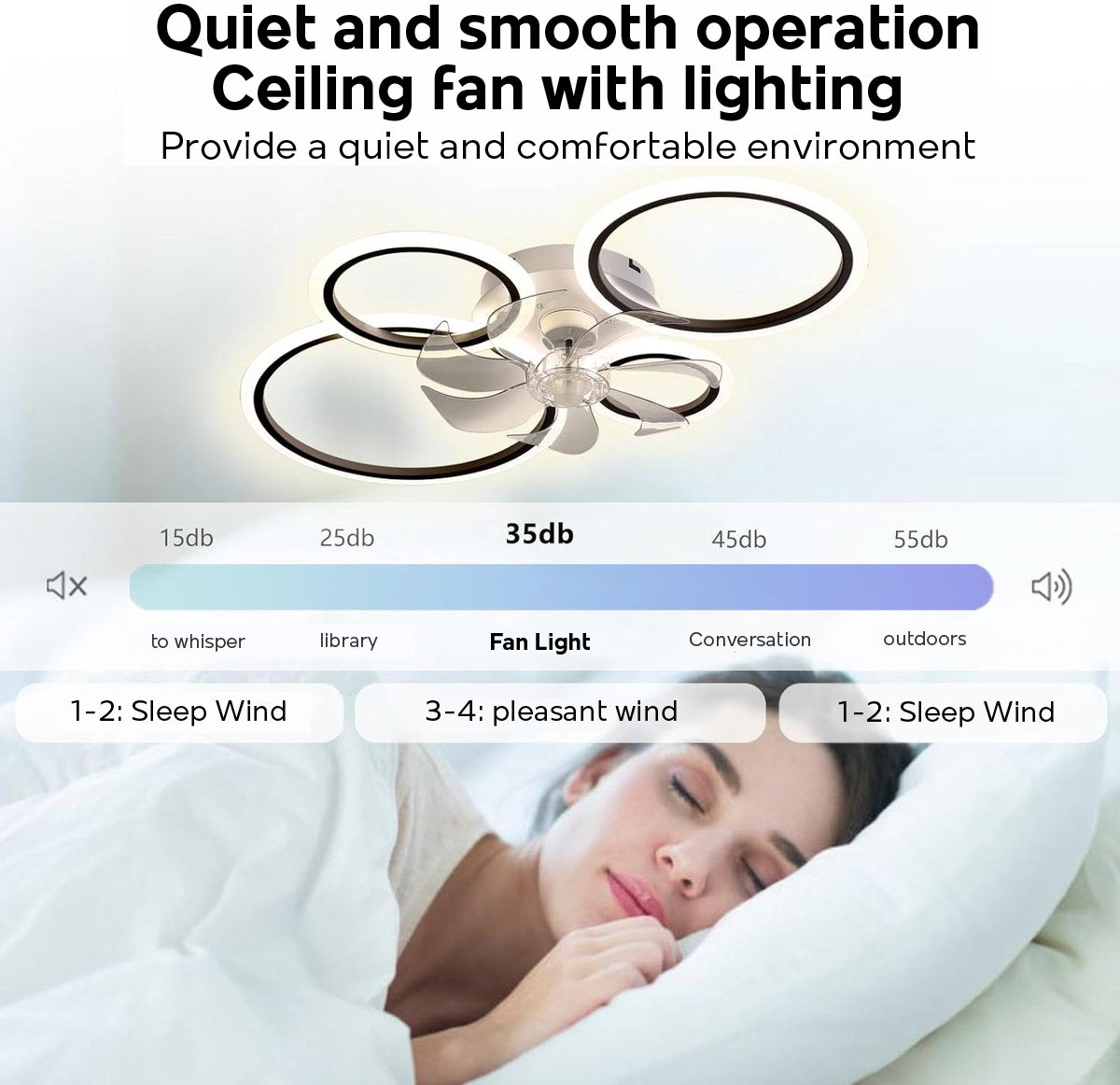 LuxiLamps - 4 Ringen LED Plafondventilator - Zwart - 6 Snelheden - Smart lamp - Dimbaar Met Afstandsbediening & APP - Moderne Cirkel Ventilator Licht - Kroonluchter Ventilator